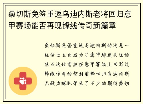 桑切斯免签重返乌迪内斯老将回归意甲赛场能否再现锋线传奇新篇章